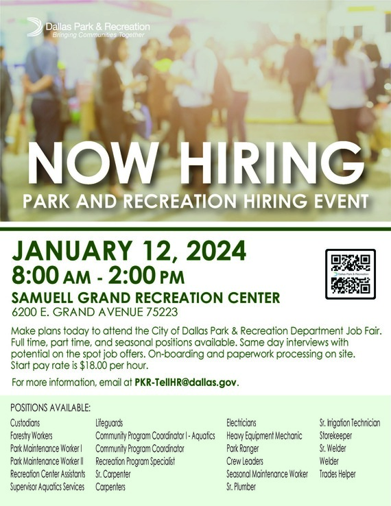 Dallas Park and Recreation is Hiring! Job Fair is Friday, January 12