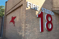 Building with Fire Station 18 and pegasus art attached