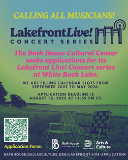 Call for Entries flyer for the Bath House Cultural Center's Lakefront Live! Concert Series