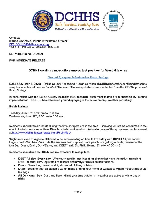 DCHHS Confirms Mosquito Samples Test Positive - Ground Spraying Scheduled