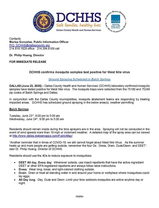 Mosquito samples test positive ground spraying scheduled June 23, 2020