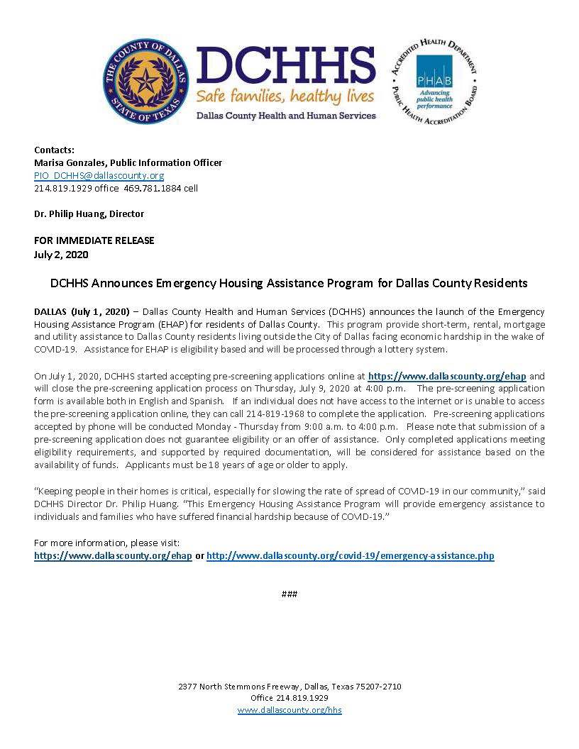 DCHHS announces Emergency Housing Assistance Program for Dallas County Residents