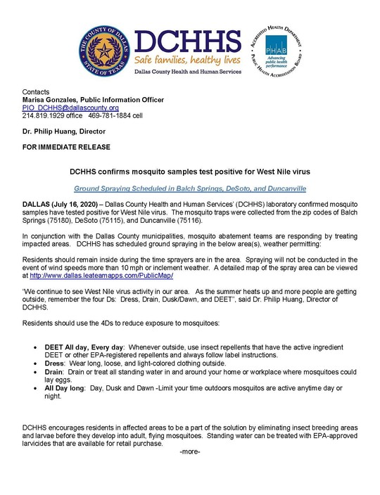 DCHHS identifies mosquito samples positive for West Nile Virus-spraying scheduled