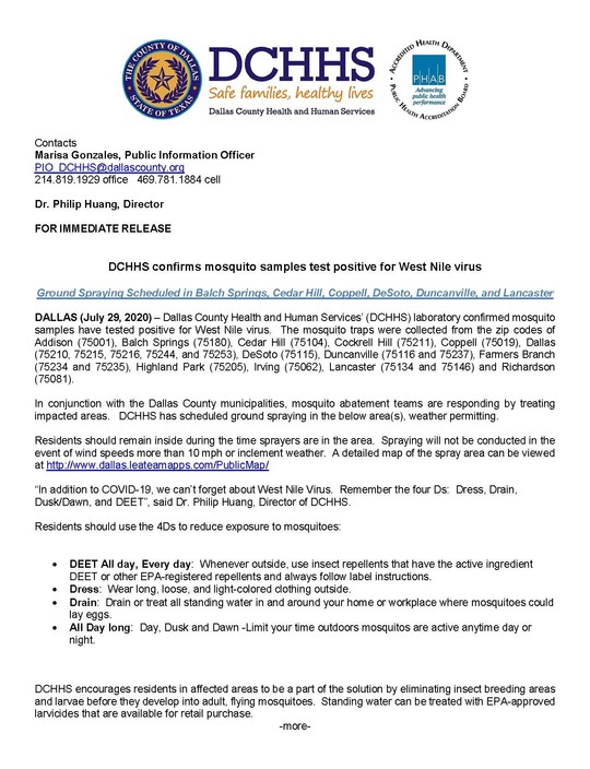 DCHHS confirms mosquito samples positive for West Nile Virus Ground Spraying Scheduled
