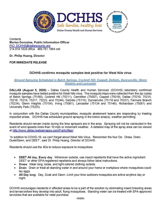 Mosquito samples test positive for WNV ground spraying scheduled