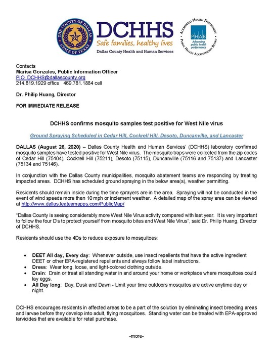 Mosquito traps confirm positive for WNV, ground spraying scheduled
