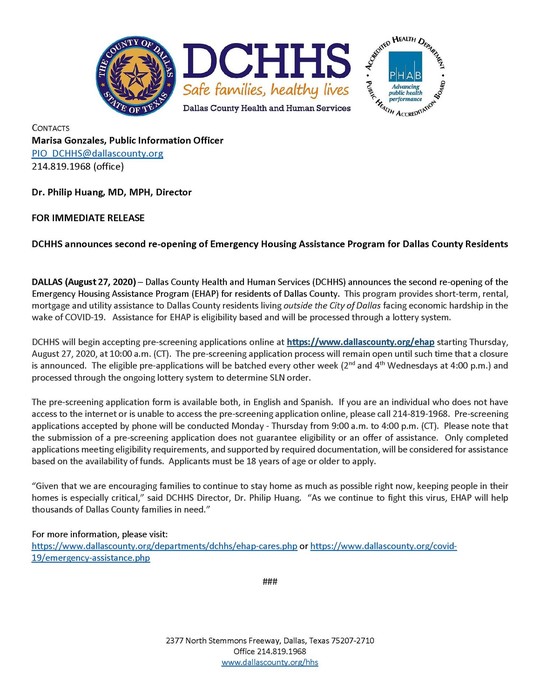 DCHHS announces reopening of Emergency Housing Assistance Program