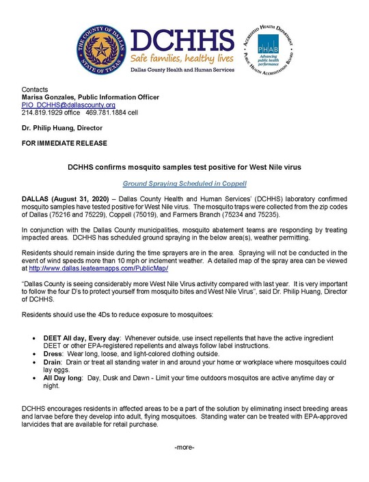 DCHHS confirms mosquito samples test positive spraying scheduled 8/31/20