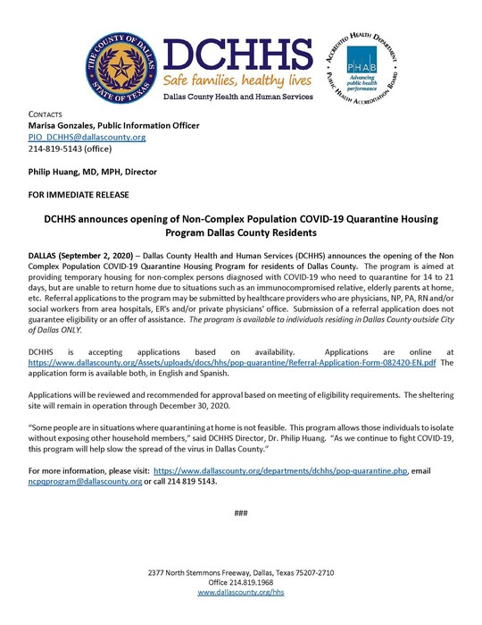DCHHS announces opening of noncomplex population quarantine housing program for Dallas County residents 