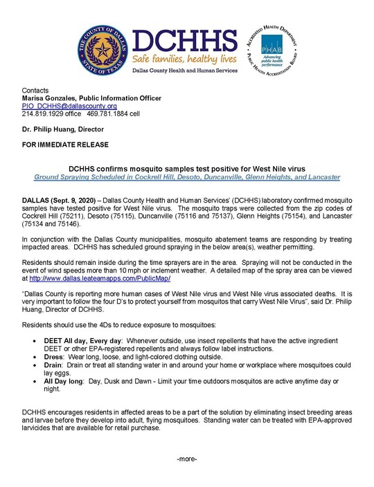 DCHHS confirms mosquito samples test positive for WNV-Ground spraying scheduled in Cockrell Hill, Desoto, Duncanville, Glenn Heights, and Lancaster