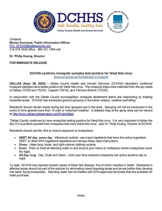 DCHHS Confirms Mosquito Samples Test Positive for West Nile Virus Ground Spraying Scheudled in Coppell
