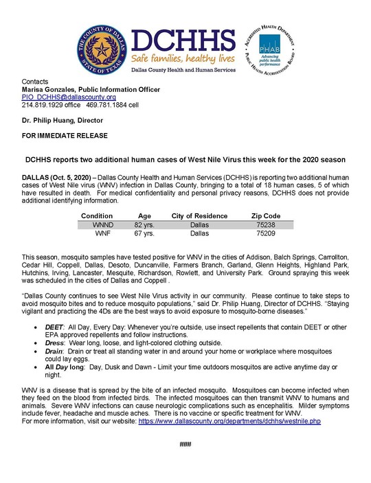 DCHHS reports additional two human cases of west nile virus for 2020