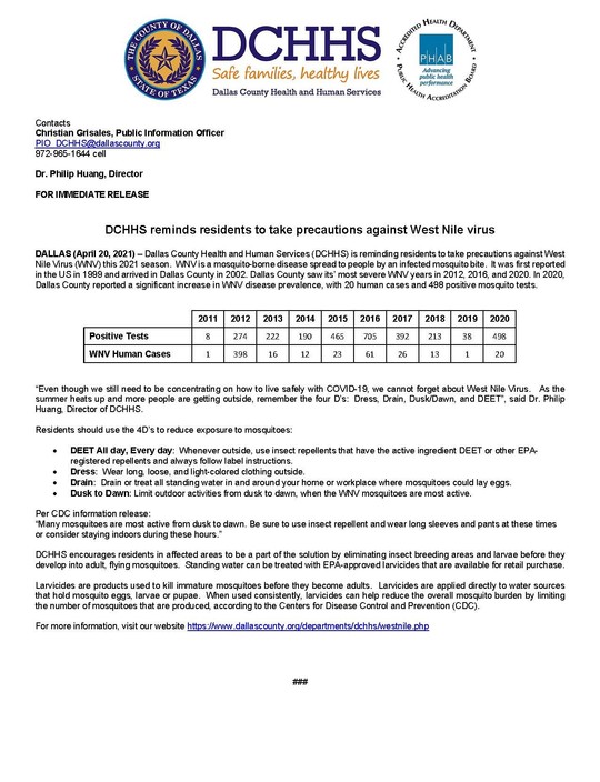 DCHHS reminds residents to protect themselves against West Nile Virus