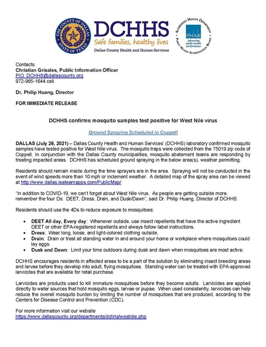 DCHHS confirms positive mosquito samples test positive for West Nile Virus Ground Spraying Scheduled in Coppell