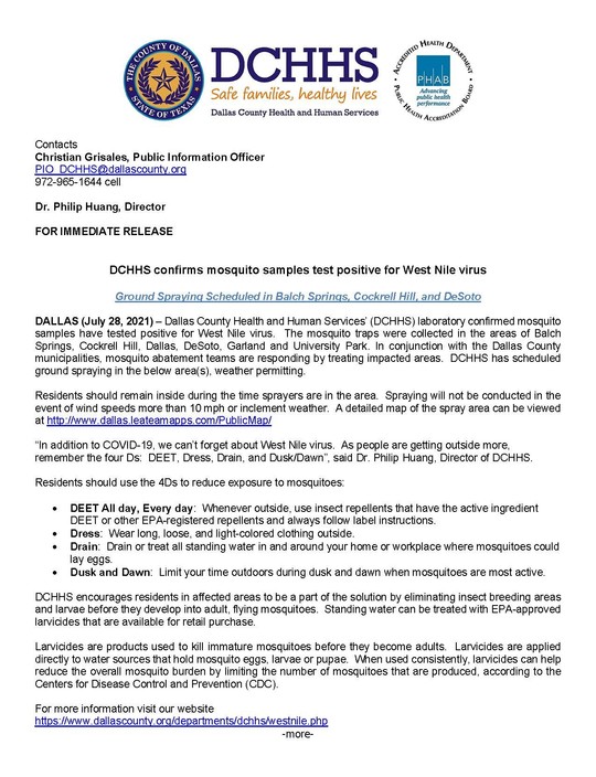 DCHHS Confirms Mosquito Samples Test Positive for WNV Ground Spraying Scheduled