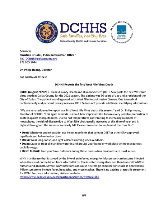 DCHHS reports first West Nile death