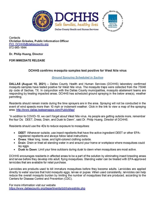 DCHHS confirms mosquito samples test positive for West Nile virus-ground spraying scheduled