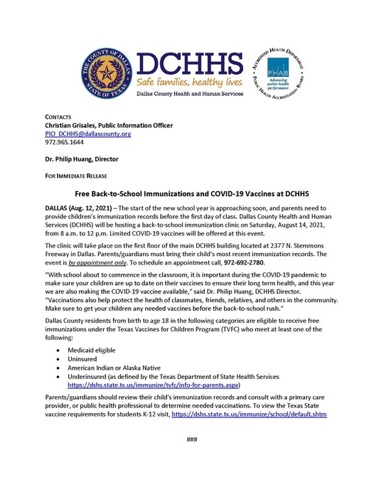 Free Back to School Immunizations and COVID-19 Vaccines at DCHHS this Saturday