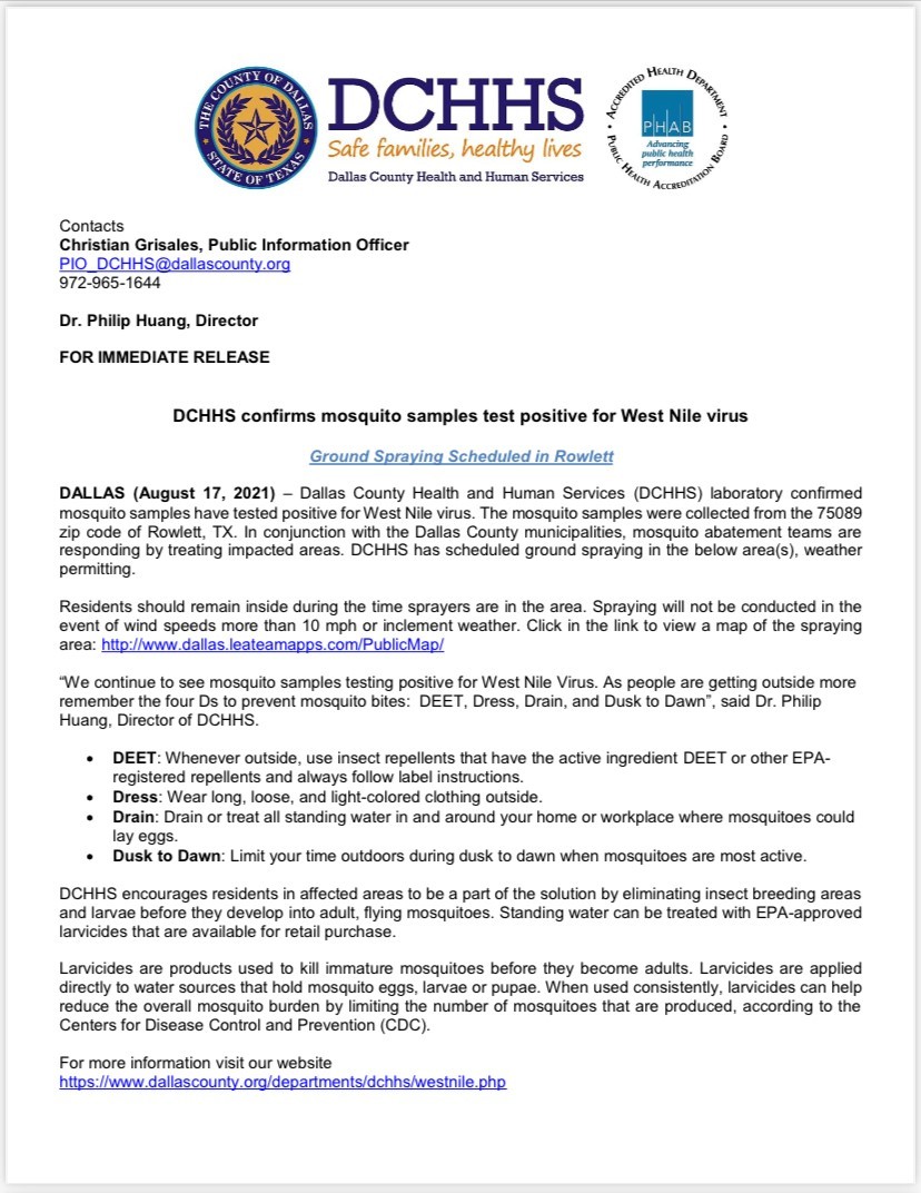 DCHHS confirms mosquito samples test positive for West Nile Virus Ground Spraying Scheduled in Rowlett