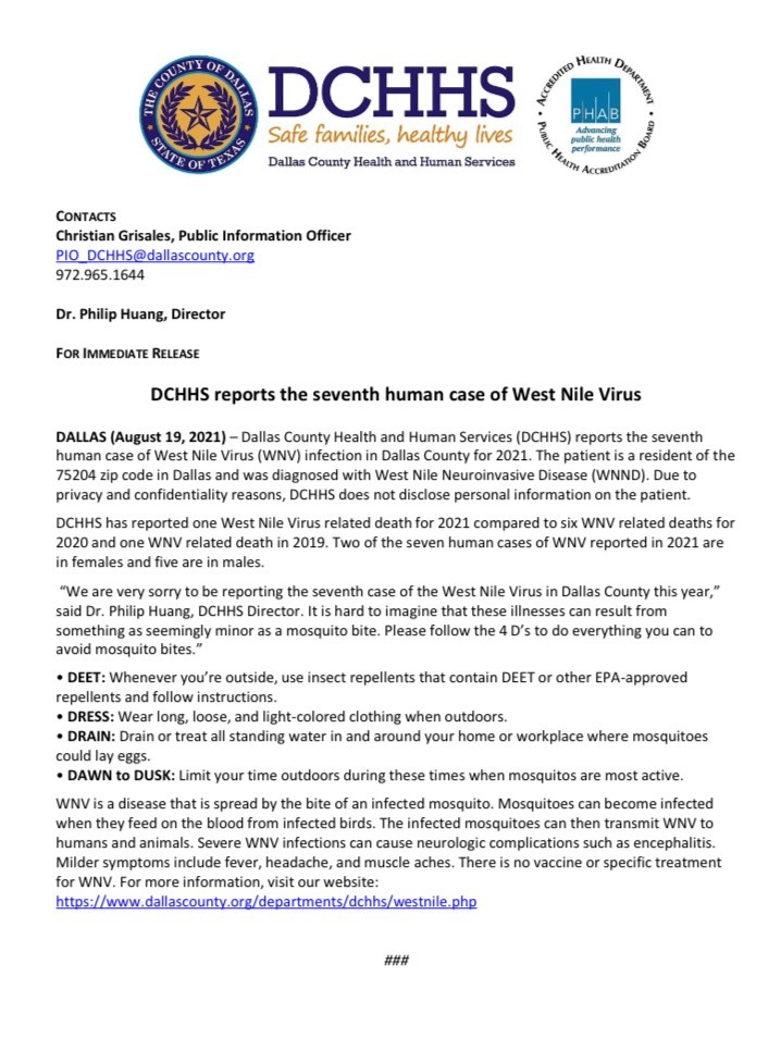 DCHHS reports seventh human case of West Nile Virus