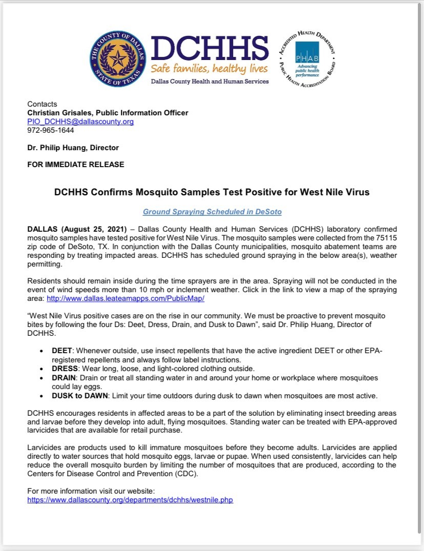 DCHHS Confirms Mosquito Samples Test Positive for West Nile Virus - Ground Spraying Scheduled