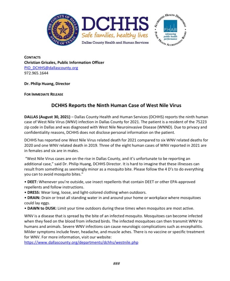DCHHS Reports the Ninth Human Case of West Nile Virus 