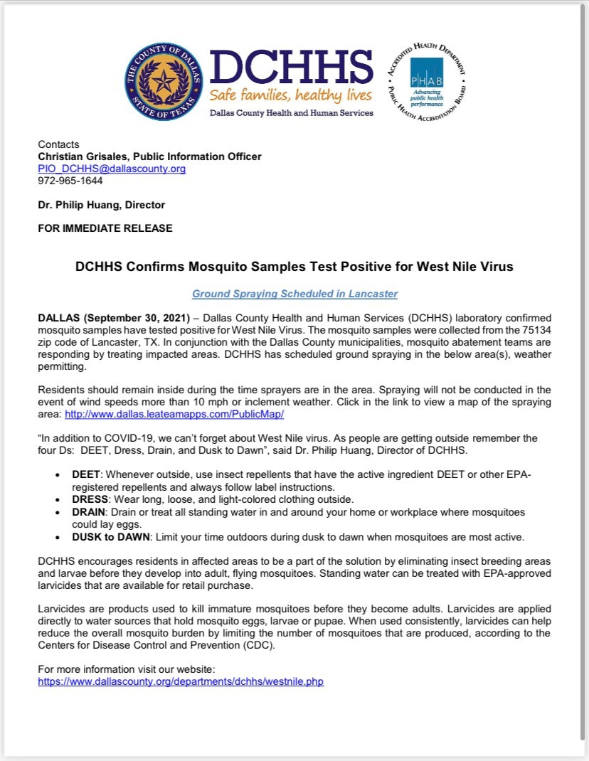 DCHHS Confirms Mosquito Samples Test Positive for West Nile Virus-Ground Spraying Scheduled