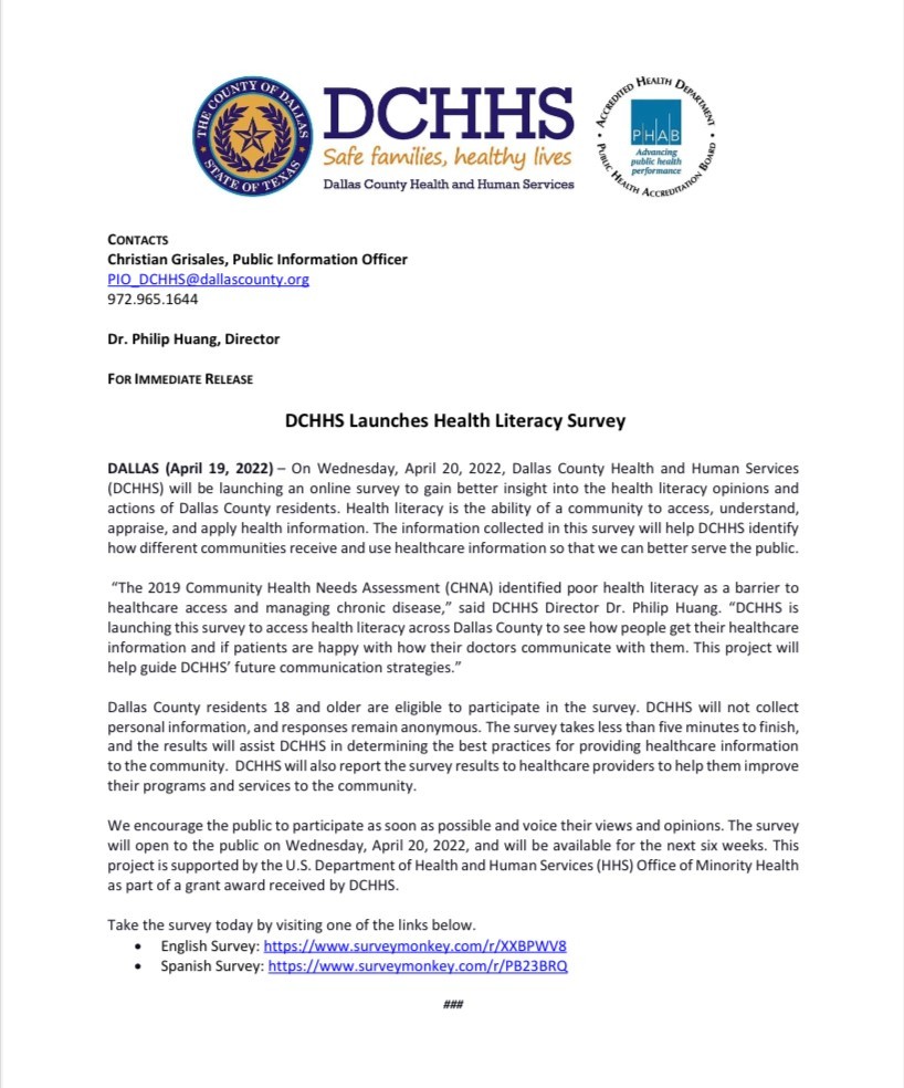 DCHHS Launches Health Literacy Survey