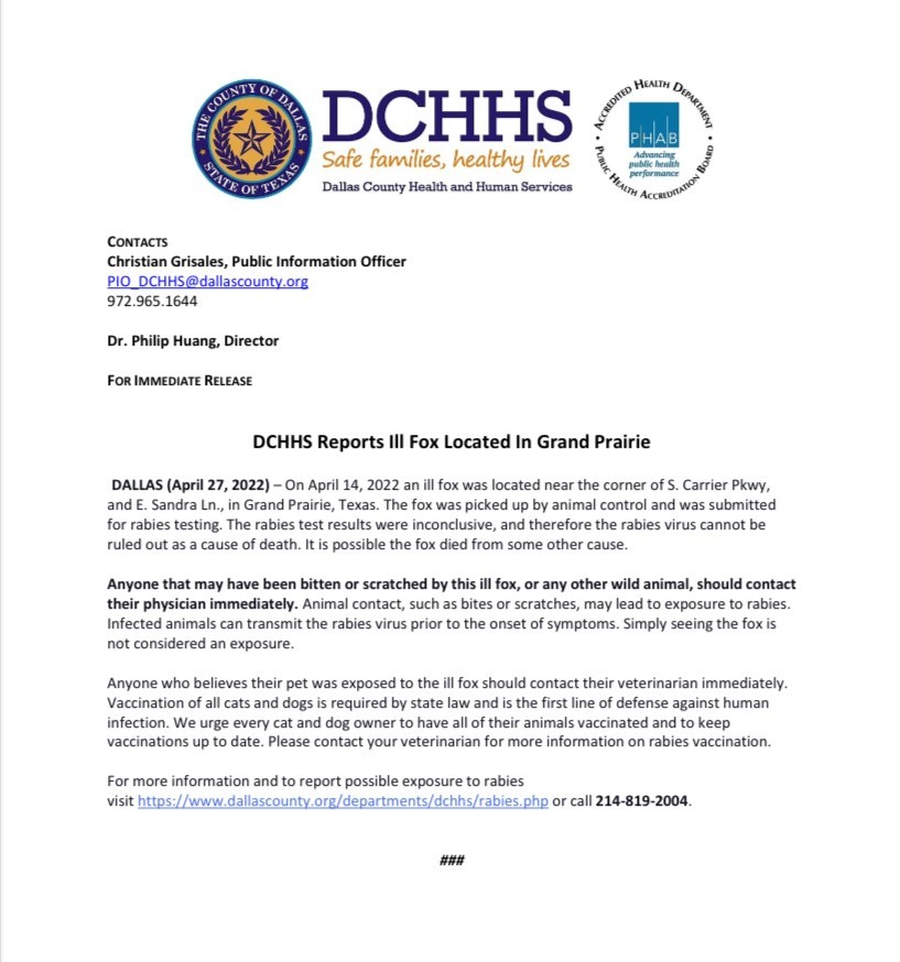 DCHHS Reports Ill Fox Located In Grand Prairie