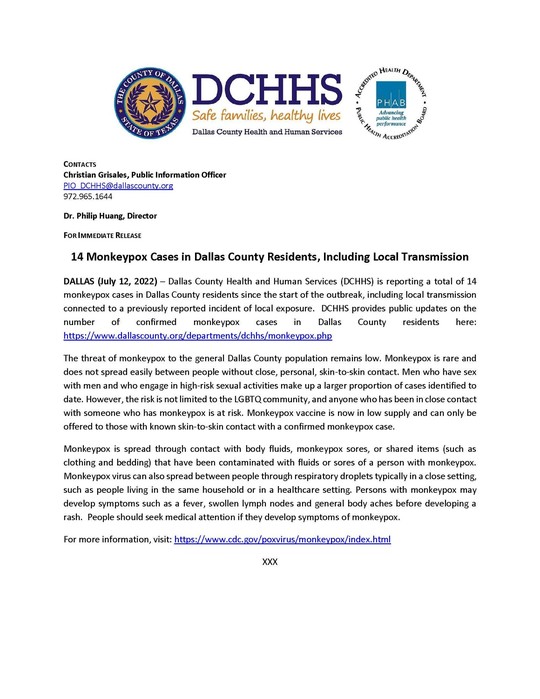 14 Monkeypox Cases in Dallas County Residents, Including Local Transmission