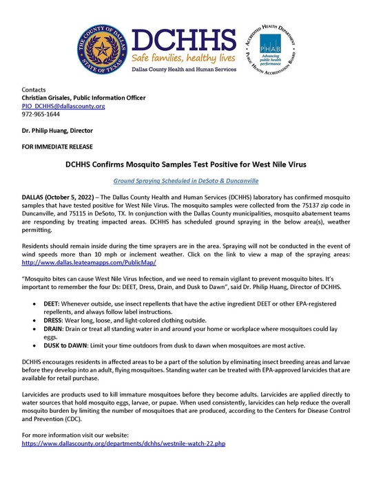 DCHHS Confirms Mosquito Samples Test Positive for West Nile Virus-Ground Spraying Scheduled