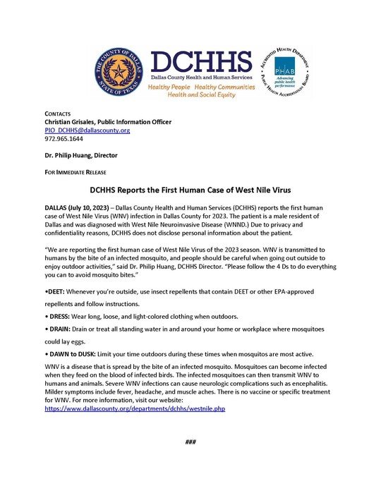 DCHHS Reports the First Human Case of West Nile Virus of 2023