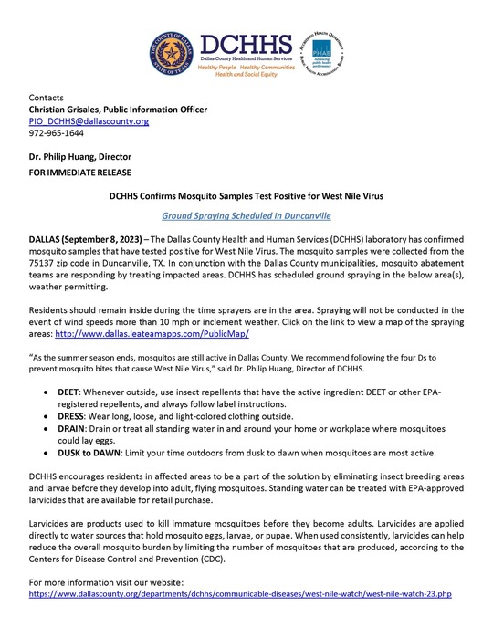 Mosquito Samples Test Positive for West Nile Virus - Ground Spraying in Duncanville