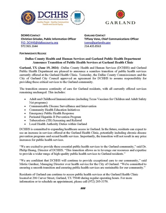 Dallas County Health and Human Services and Garland Public Health Department Announce Transition of Public Health Services at Garland Health Clinic