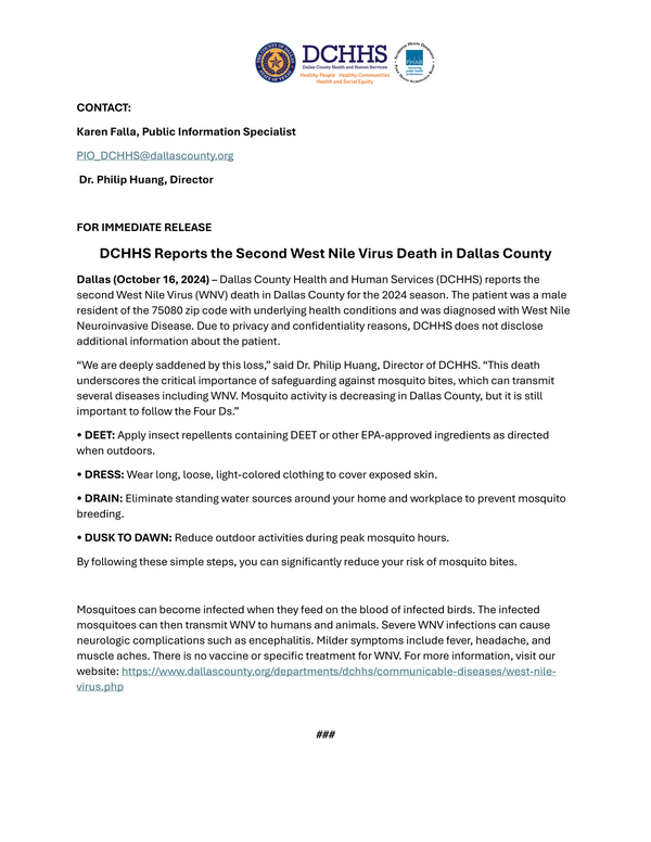 DCHHS Reports the Second West Nile Virus Death in Dallas County