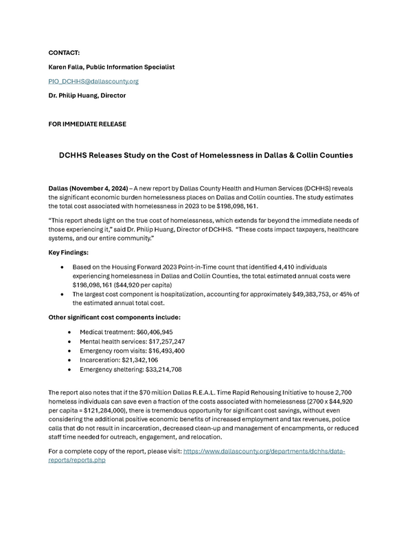 DCHHS Releases Study on the Cost of Homelessness in Dallas & Collin Counties