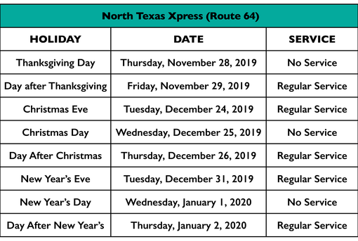 Holiday Service Schedule