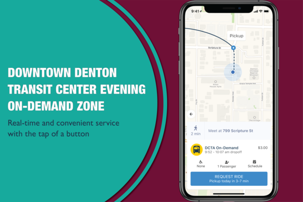 Phone displaying DCTA on-demand app with text "DDTC Evening On-Demand Zone. Real-time and convenient service with the tap of a button"