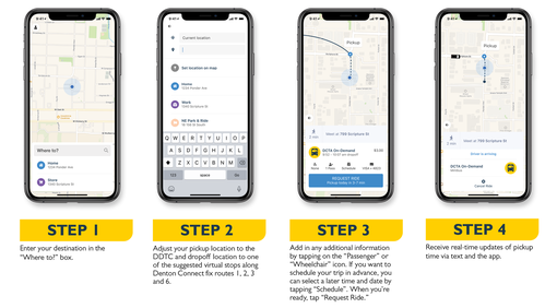 4 images of phone displaying what the DDTC on-demand app looks like