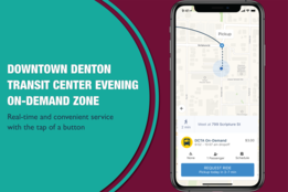 Phone showing DCTA on-demand app with title "DDTC Evening On-Demand Zone. Real-time and convenient service with the tap of a button."