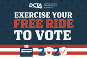 Red, white and blue graphic with text "Exercise your free ride to vote"