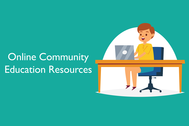 Blue graphic with child sitting at desk. Text reads "online education community resources"