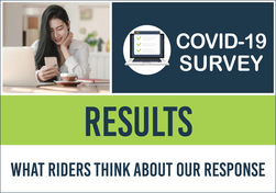 Woman looking at cell phone. Text reads "COVID-19 Survey" Results. What riders think about our response"