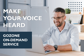Man on a computer. Text reads "Make your voice heard. GoZone on-demand service"