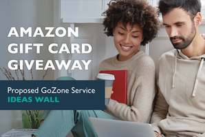 Couple on a computer. Text reads "Amazon Gift card Giveaway. Proposed GoZone service ideas wall"