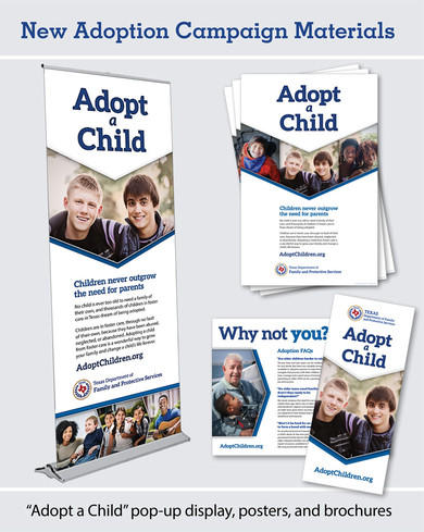 Foster / adoption marketing materials image -- banner stand, poster and brochure