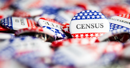 Picture of campaign buttons which say "Census"