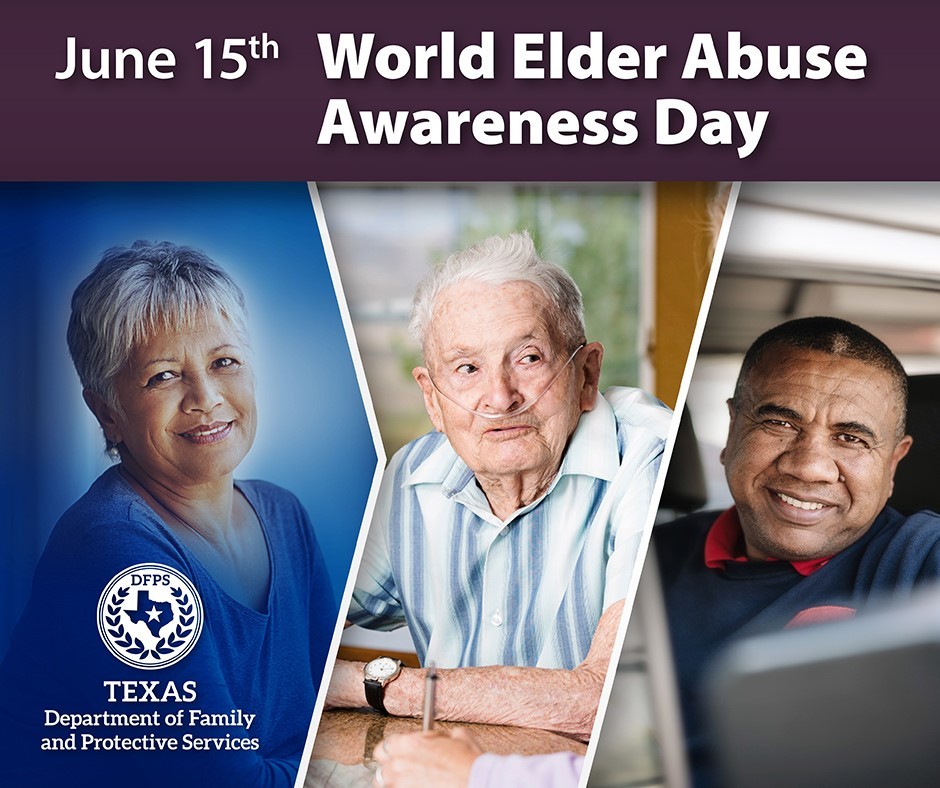 Image of older woman, a man with oxygen and man smiling for elder abuse awareness month.