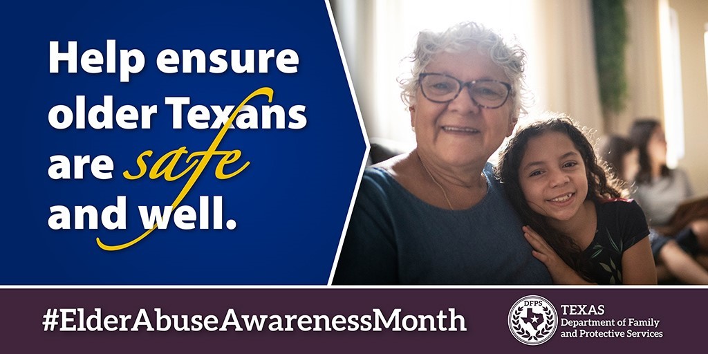 Twitter sized image of older woman and child for Elder Abuse Awareness Month.