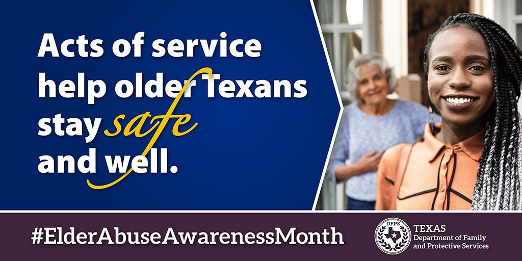 Twitter sized image two smiling women for Elder Abuse Awareness Month.